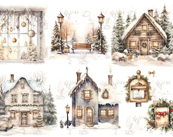 Cozy Winter Scene Clipart – Snowy Houses & Windows | Digital Winter PNG Set for Cards, Crafts, Decor | winter graphics, cozy winter
