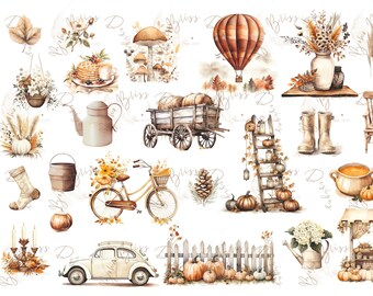 Aquarel herfstelementen clipart, herfstfeest, pompoen clipart, dennenappel, aquarel herfstbloemen, herfst clipart, roestbruin blad