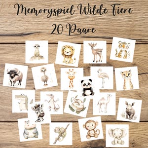 May include: A set of 20 pairs of memory game cards featuring illustrations of various wild animals, including a lion, zebra, giraffe, panda, and more. The cards are printed on white paper and have a simple, minimalist design.