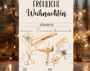 Vale de regalo de Navidad para peluquería, vale de peluquería, vale de regalo para peluquería, tarjeta de regalo para peluquería, plantilla de vale de peluquería, PDF