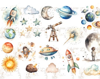 May include: Watercolor illustrations of space-themed objects, including planets, stars, rockets, a spaceship, a telescope, a cloud, a moon, and an astronaut. The illustrations are in shades of blue, green, yellow, orange, and brown.