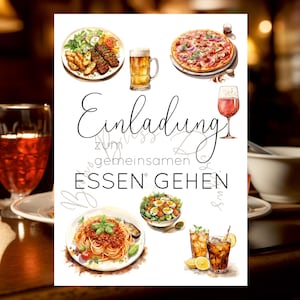 Peut inclure: Une invitation de style aquarelle avec des illustrations de plats et de boissons, notamment des pizzas, des pâtes et de la bière. Le texte allemand "Einladung zum gemeinsamen ESSEN GEHEN" est écrit en script élégant.
