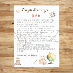 Puede incluir: Una impresión decorativa con el texto alemán "Zeugnis des Herzens" y otro texto. La impresión presenta una ilustración de acuarela de un globo terráqueo, libros, tijeras y una mochila escolar. El fondo es de color beige claro.