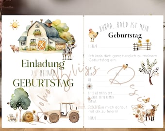 Einladung Geburtstag Kinder Motto Bauernhof Digital Druckbar Personalisiert Vorlage Einladungskarte DIN A5 Mädchen Junge Tiere Farm Party
