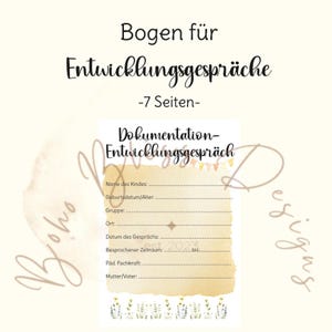 Puede incluir: Documento imprimible titulado "Bogen für Entwicklungsgespräche" con el subtítulo "-7 Seiten-". Incluye campos para registrar información de un niño, como nombre, fecha de nacimiento, grupo, lugar y detalles de la discusión.