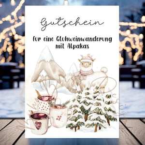 Alpaca's winterwandeling-voucher, glühwein-voucherkaart, wandelcadeaubon, wandelexcursie-voucher, glühwein-voucher