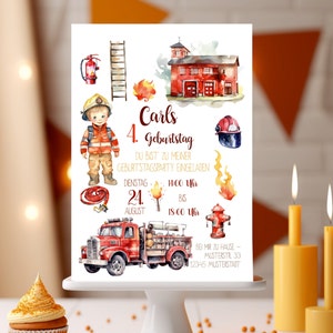 Einladung Kindergeburtstag Feuerwehr Junge Mädchen Mottoparty Feuerwehrparty DIN A5 personalisiert digital Feuerwehrauto Einladungskarten
