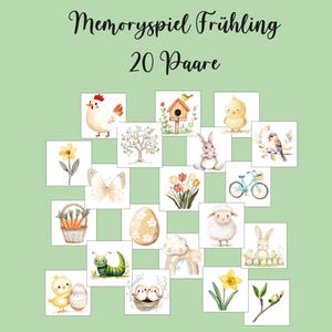 Puede incluir: Un juego de memoria de 20 cartas con temática primaveral con imágenes de una casita de pájaros, una mariposa, un pollito, una oruga, una flor, un árbol, un conejo, una oveja, un nido con dos polluelos, un arcoíris, una bicicleta, una cesta de zanahorias, un narciso, un tulipán, un huevo de Pascua, una gallina, una rama con un brote y un pájaro en una rama. Las cartas son blancas con un fondo verde claro.