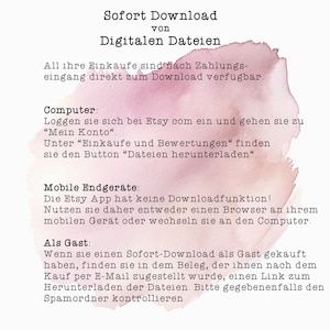 May include: A pink watercolor background with white text explaining how to download digital files purchased on Etsy. The text includes instructions for downloading files on a computer, mobile device, and as a guest.