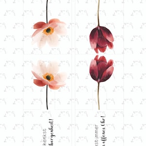 May include: A watercolour art print featuring four flowers: two anemones and two tulips. The anemones are light pink with yellow centres, and the tulips are deep red. The print includes German text.