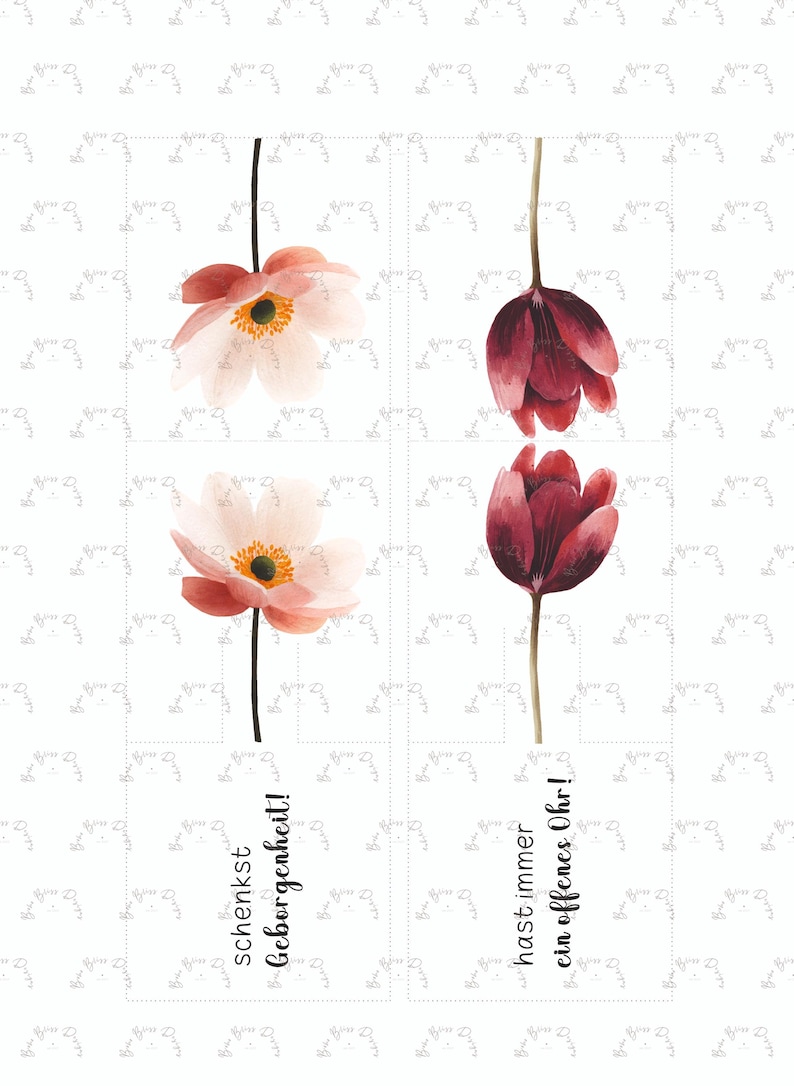 May include: A watercolour art print featuring four flowers: two anemones and two tulips. The anemones are light pink with yellow centres, and the tulips are deep red. The print includes German text.