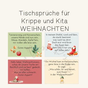 Könnte beinhalten: Festliches Bild mit vier farbenfrohen Karten mit deutschem Text und Illustrationen. Die Karten haben weihnachtliche Gedichte und Bilder von einem Weihnachtsstrumpf, dem Weihnachtsmann und anderen festlichen Elementen. Die Karten sind für den Einsatz in einem Kindergarten bestimmt.