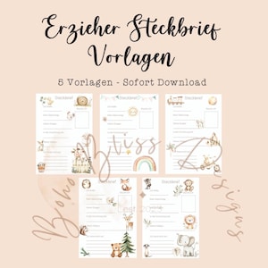Op de afbeelding: Digitale download van vijf afdrukbare "Erzieher Steckbrief Vorlagen" sjablonen. Elke sjabloon heeft een ander dierenthema, zoals een giraffe en een vos, met ruimte voor persoonlijke informatie.
