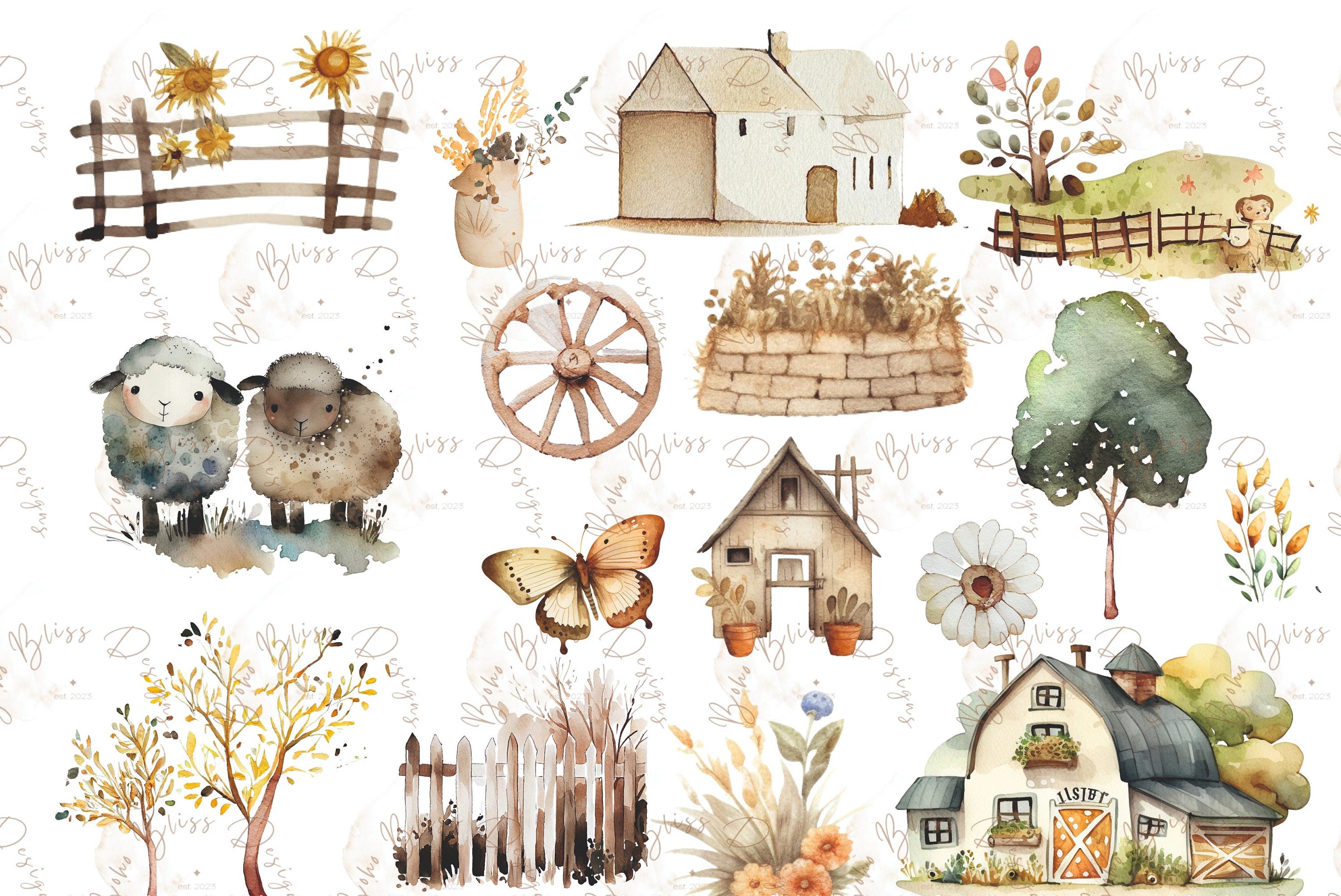 Clipart Farm, Cute Farm Clipart, Farm Animals Watercolor, Watercolor ...