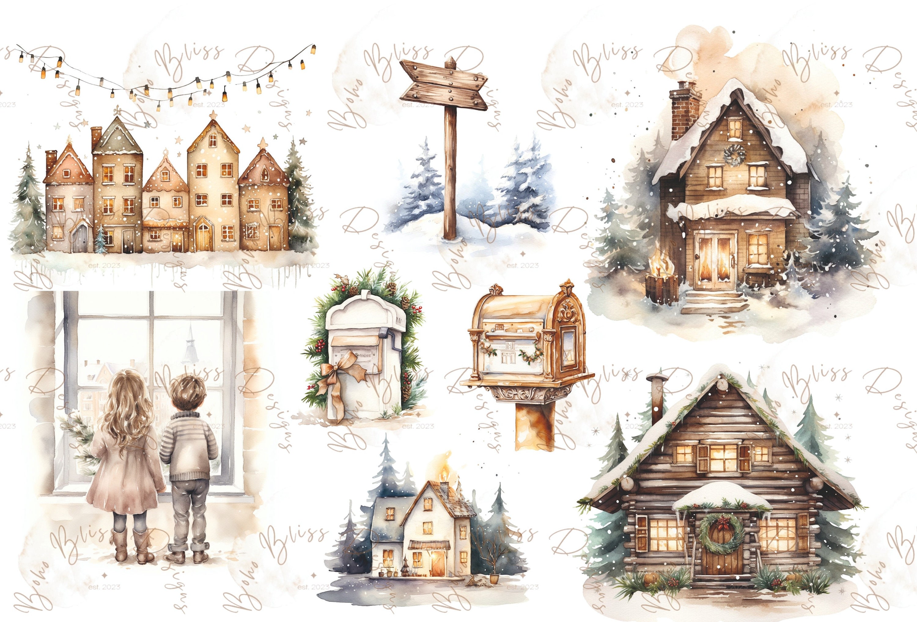 Watercolor Christmas Clipart Winter Houses Cozy Clipart Winter - Etsy