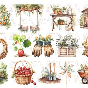 May include: A collection of 10 watercolor illustrations featuring various garden elements, including a tree with oranges, a swing set, a wooden shed, a garden table with plants, a basket of apples, a strawberry plant, a pair of gardening gloves, a flower box, a basket of cherries, a small pond with fish, a garden cart with plants, and a windmill.
