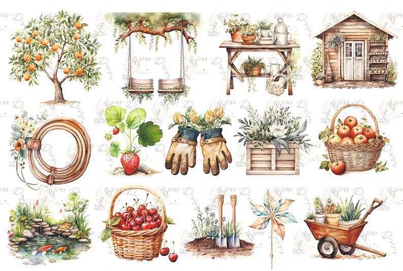 May include: A collection of 10 watercolor illustrations featuring various garden elements, including a tree with oranges, a swing set, a wooden shed, a garden table with plants, a basket of apples, a strawberry plant, a pair of gardening gloves, a flower box, a basket of cherries, a small pond with fish, a garden cart with plants, and a windmill.