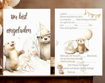 Invitación con animales, invitación nutria, invitación cumpleaños nutria, tarjeta invitación nutria, invitación cumpleaños infantil, cumpleaños infantil boho