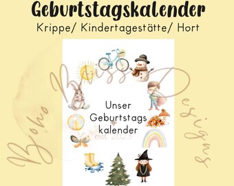 Birthday calendar for children, group room calendar, calendar for children, birthday overview, annual calendar for children, daycare school calendar,pdf