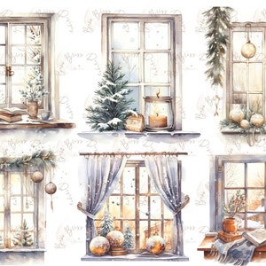 Könnte beinhalten: Sechs Aquarell-Illustrationen von Fenstern mit Winterszenen. Jedes Fenster zeigt eine andere Szene, darunter ein verschneiter Wald, eine brennende Kerze, ein Buch auf einem Fenstersims und ein Weihnachtsbaum. Die Fenster sind alle mit Holz gerahmt und haben einen rustikalen Look.