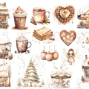 Clipart mercatino di Natale, mercatino di Natale tedesco, shopping natalizio nel villaggio di Natale, clipart scena di neve, clipart villaggio invernale acquerello