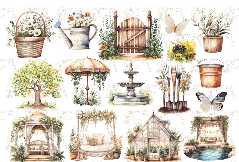 May include: A collection of watercolor illustrations featuring garden elements, including a watering can, a gate, a fountain, a tree, a gazebo, a swing bed, a greenhouse, a bucket, gardening tools, and butterflies. The illustrations are painted in a realistic style with soft colors and details.