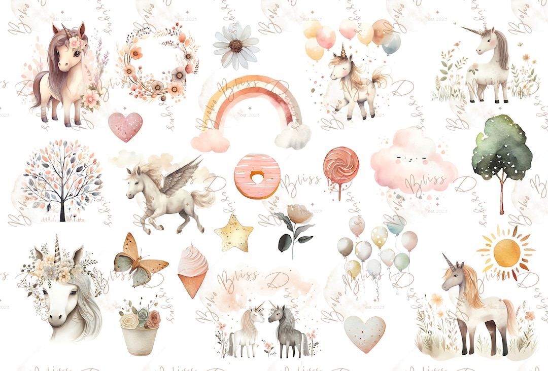 Unicorn Watercolor Clipart PNG Bundle, Cute Rainbow Unicorns, Pastel ...