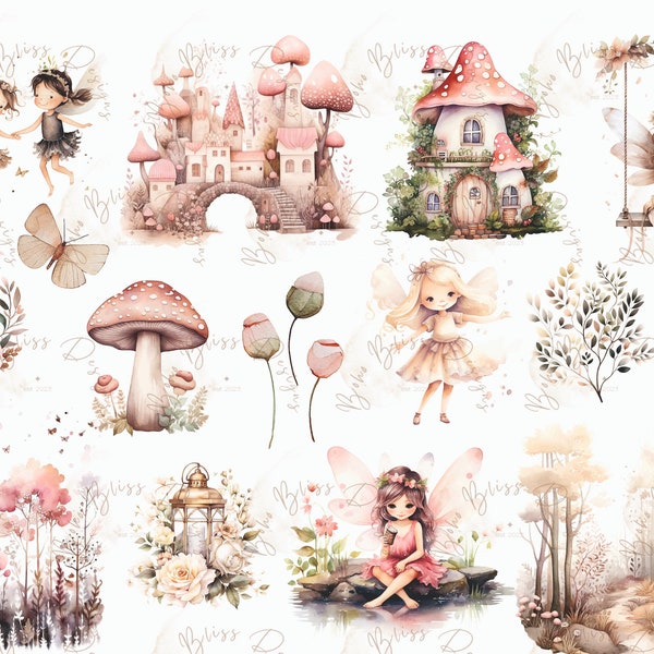 Fairy clipart, fantasy clipart, Fairy garden watercolor clipart, enchanted forest, fairy tale graphics, nursery clipart, magical fairy png