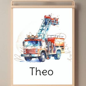 Cartel departamento de bomberos decoración habitación infantil niño niña camión de bomberos cartel infantil departamento de bomberos con nombre vehículos imprimibles digitales personalizados