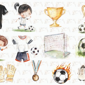 May include: Watercolor illustrations of soccer-themed items, including a soccer ball, a goal, a trophy, a jersey, a pair of soccer cleats, a pair of goalie gloves, and two children playing soccer.