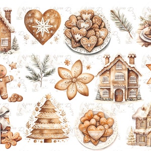 Puede incluir: Una colección de ilustraciones de casas de jengibre, que incluyen un hombre de jengibre, un árbol de jengibre, un corazón de jengibre y un plato de galletas de jengibre. Las ilustraciones están en un estilo de acuarela y tienen un ambiente cálido y festivo.