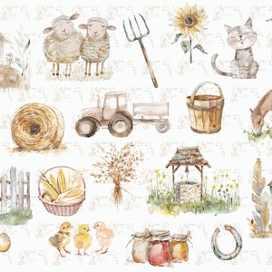 Clipart de ferme mignon, clipart numérique aquarelle d'animaux de ferme, animaux de ferme PNG, clipart de ferme aquarelle, png de ferme, graphiques de ferme, poulet, vache