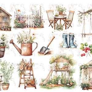 Conjunto de clipart de jardinagem, jardim em aquarela, clipart de jardim, clipart de jardim em aquarela, download de jardinagem em aquarela, pá, plantas, estufa