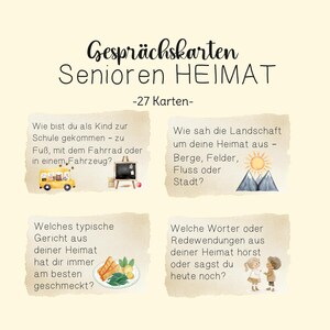 Puede incluir: Un juego de tarjetas de conversación titulado "Senioren HEIMAT" con 27 tarjetas. Las tarjetas presentan ilustraciones en acuarela y texto en alemán, incluyendo preguntas sobre la infancia, paisajes, comida y dichos. Diseñado para personas mayores.