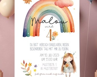 May include: A colorful rainbow birthday invitation with a watercolor design. The invitation says "Malou wird 4" and includes the date and time of the party. The invitation also features a cute cartoon girl with flowers in her hair.