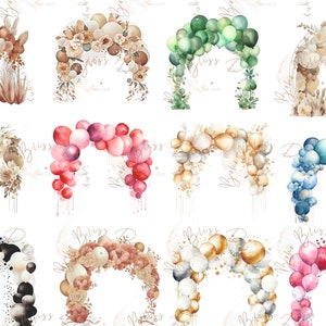 May include: A collection of 10 watercolor illustrations of balloon arches. Each arch is made of different colors and styles of balloons, including gold, pink, blue, green, and black. The arches are perfect for adding a festive touch to any event.