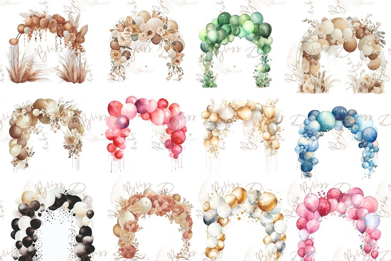 May include: A collection of 10 watercolor illustrations of balloon arches. Each arch is made of different colors and styles of balloons, including gold, pink, blue, green, and black. The arches are perfect for adding a festive touch to any event.