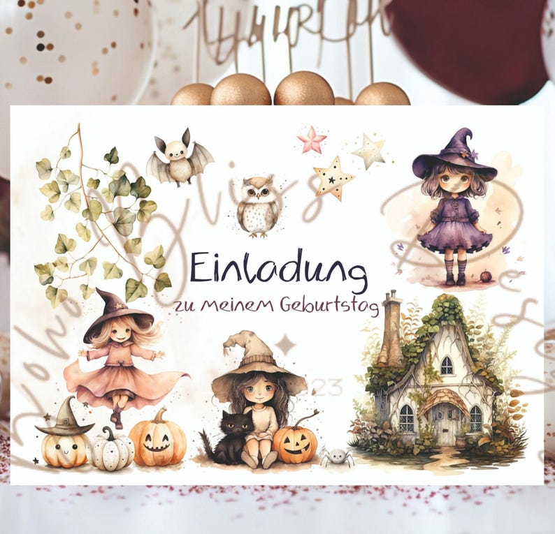 May include: A white card with an invitation to a birthday party. The card features illustrations of witches, owls, bats, pumpkins, and a small cottage. The text on the card reads "Einladung zu meinem Geburtstag".