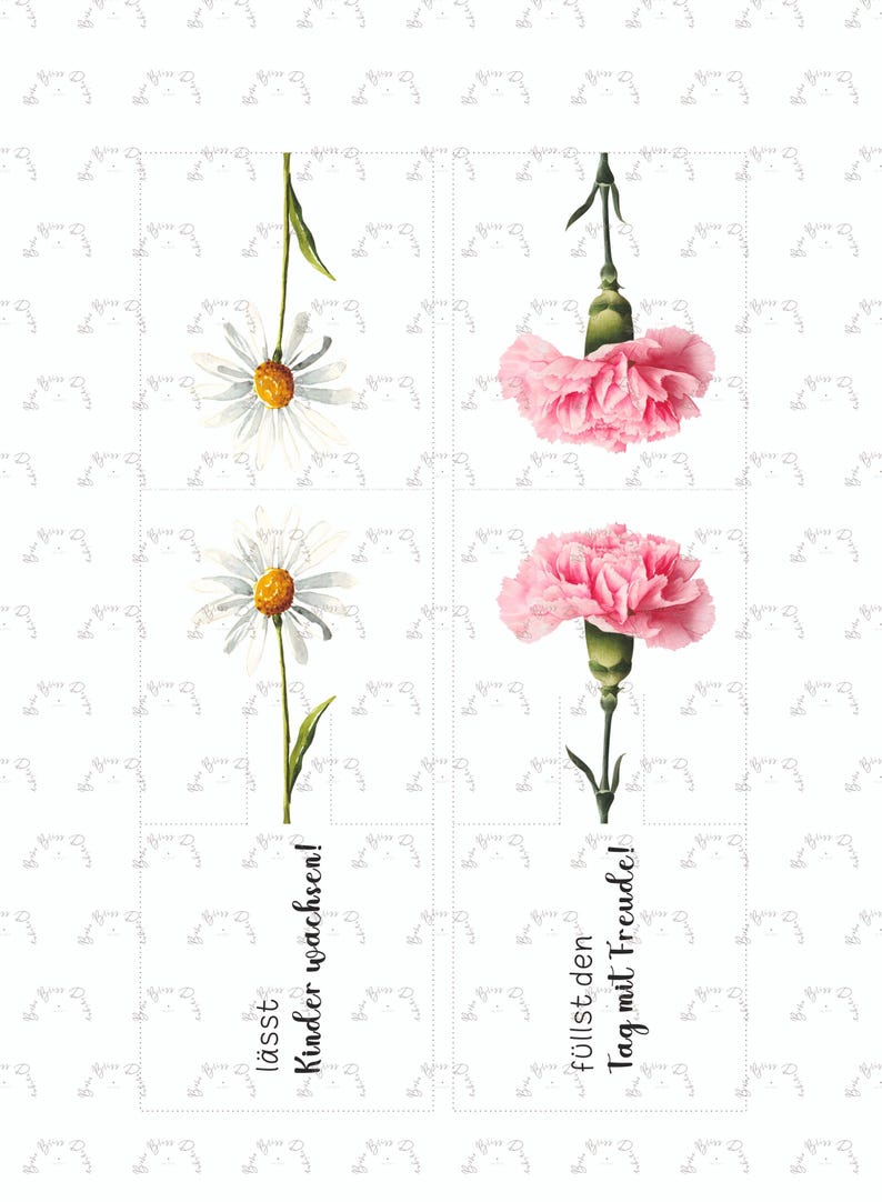 May include: A white background with a repeating pattern of small floral designs. The image features four floral illustrations: two daisies and two pink carnations. Text in German reads "l&auml;sst Kinder wachsen!" and "f&uuml;llst den Tag mit Freude!"