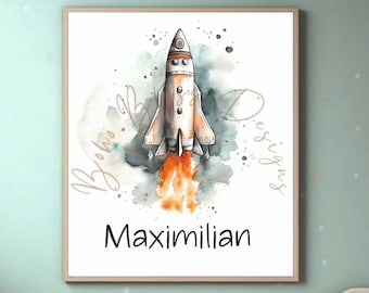 Poster rocket personalized children's room boy girl digital printable Din A4 Poster Children Nursery Art Space Poster Space Art Universe