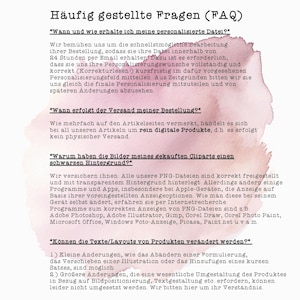 May include: A document in German, titled "H&auml;ufig gestellte Fragen (FAQ)", with text in a black, sans-serif font. The background features a pink and purple watercolor-style blotch. The document answers frequently asked questions.