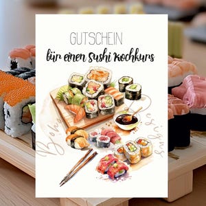 Cupón de sushi, tarjeta de vale, tarjeta de curso de sushi, plantilla de vale para preparar sushi, invitación a comida, invitación a sushi, curso de cocina de sushi, sushi