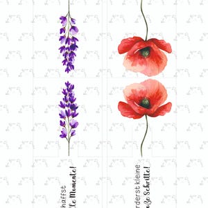 May include: A watercolour illustration featuring purple lavender and red poppies. The image includes the text "schaffst tolle Momente!" and "f&ouml;rderst kleine gro&szlig;e Schritte!" on a white background. Ideal for decorative purposes.