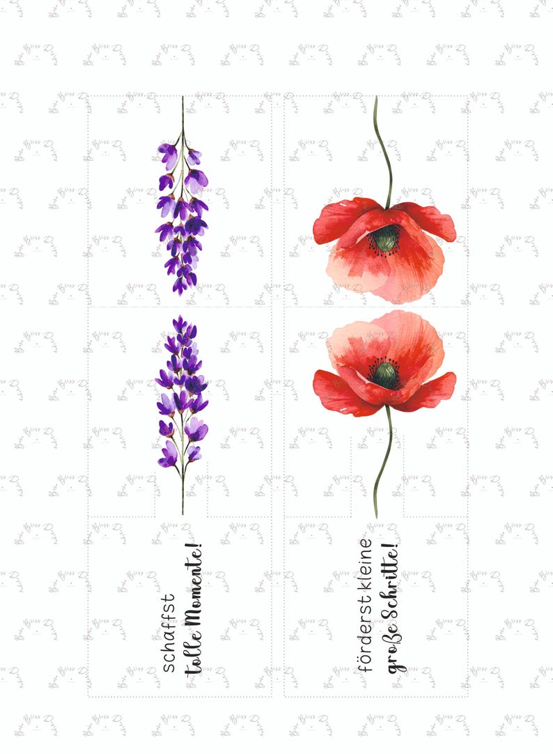 May include: A watercolour illustration featuring purple lavender and red poppies. The image includes the text "schaffst tolle Momente!" and "f&ouml;rderst kleine gro&szlig;e Schritte!" on a white background. Ideal for decorative purposes.