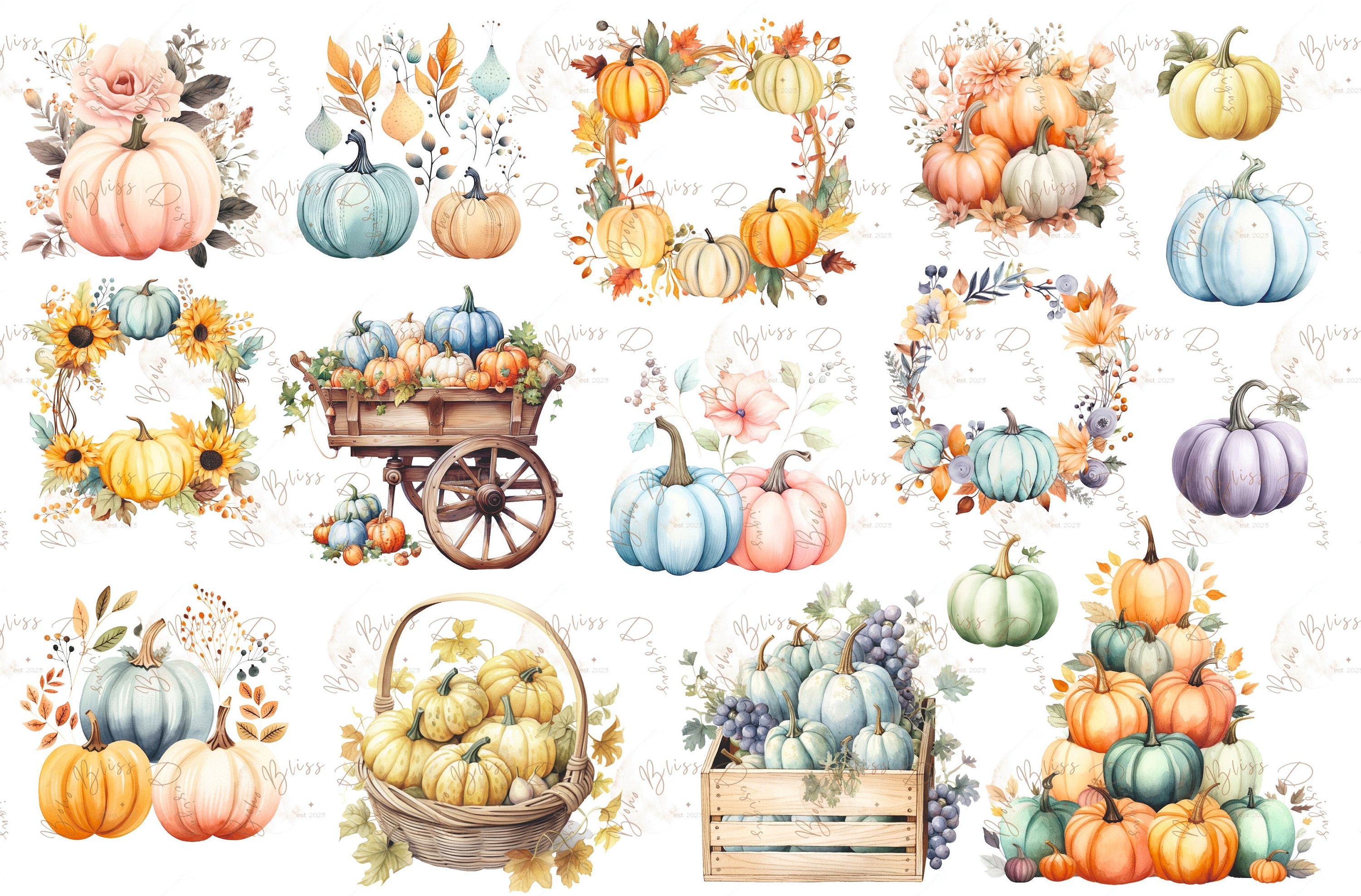 Pumpkin Clipart Watercolor Pumpkins Pink Blue Violet - Etsy