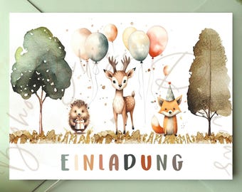 Invitation forest, invitation to children's birthday forest animals, invitation children's birthday, invitation forest party, forest animals invitation, eCard digital