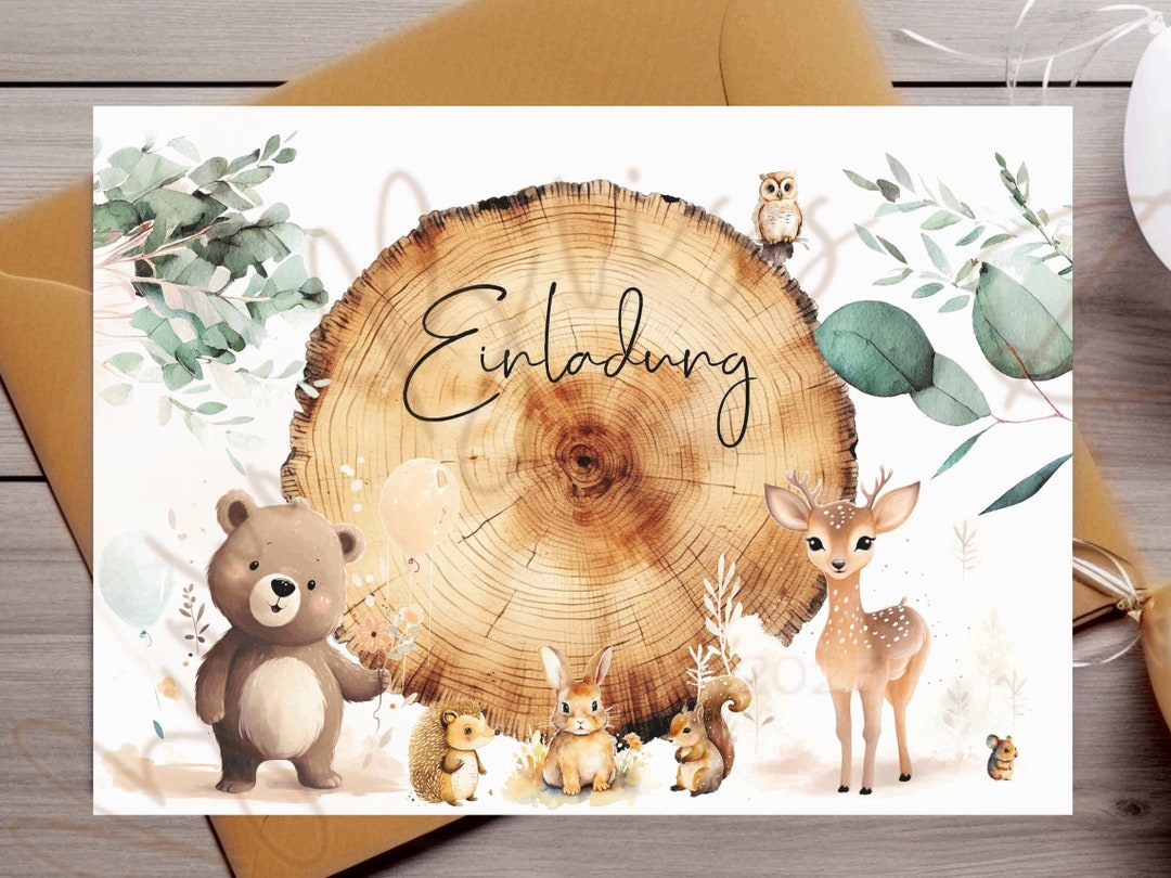 Cartes D’invitation Anniversaire Enfant – Animaux Forêt Aquarelle, 8 Modèles