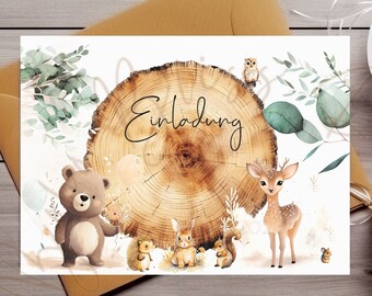 Invitation cards children's birthday forest animals animals bear deer fox rabbit invitation children girl boy invitation to print invitation animals