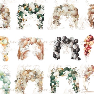 May include: A collage of ten different balloon arch designs. Each arch is decorated with various colors and textures, including beige, white, brown, green, black, red, and gold. The arches are decorated with flowers, leaves, and pampas grass.