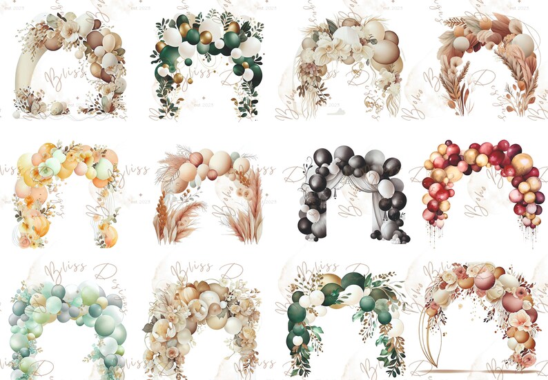 May include: A collage of ten different balloon arch designs. Each arch is decorated with various colors and textures, including beige, white, brown, green, black, red, and gold. The arches are decorated with flowers, leaves, and pampas grass.